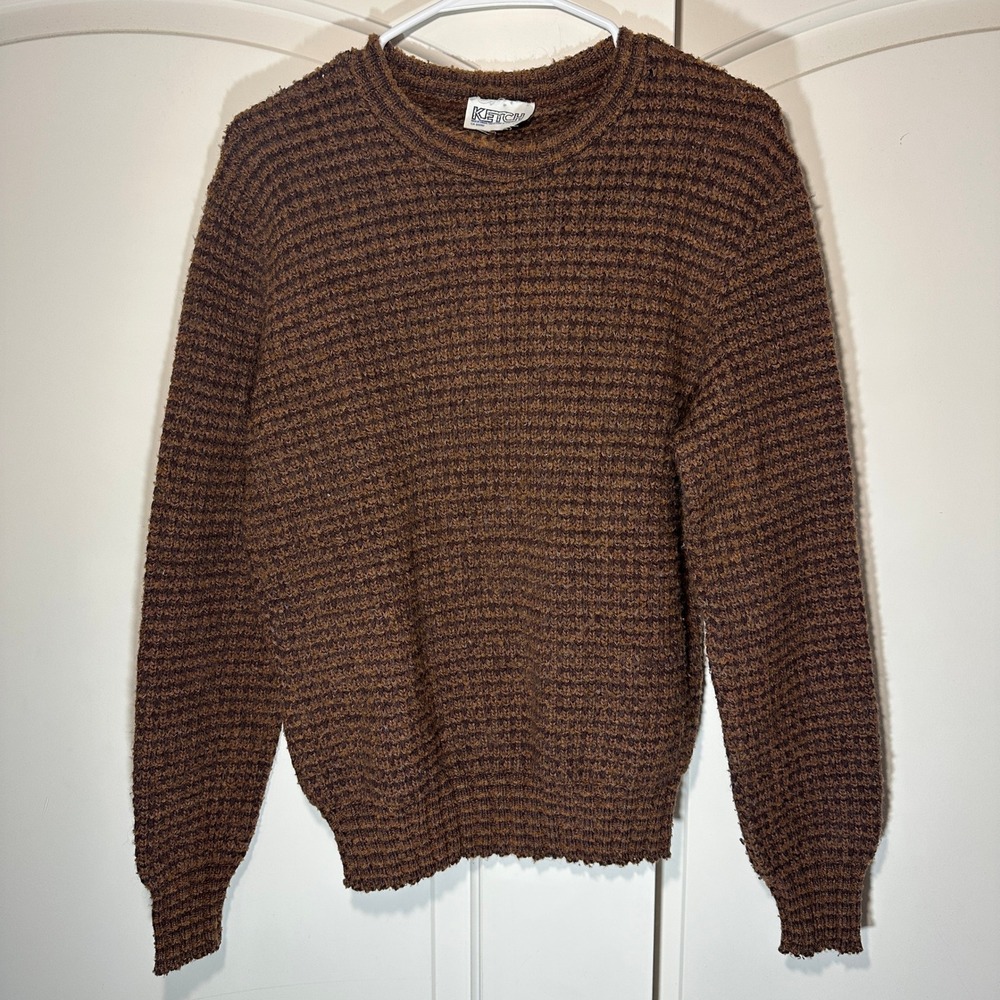Ketch Sweater Mens Medium Brown Striped Wool Blend Textured Knit Crewneck Canada